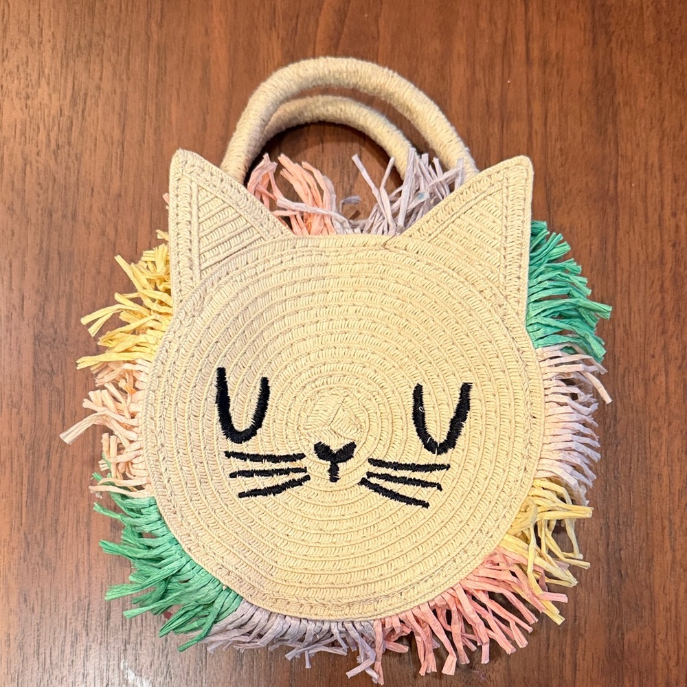 Kids Cream Cat Face Straw Tote with Pastel Fringe